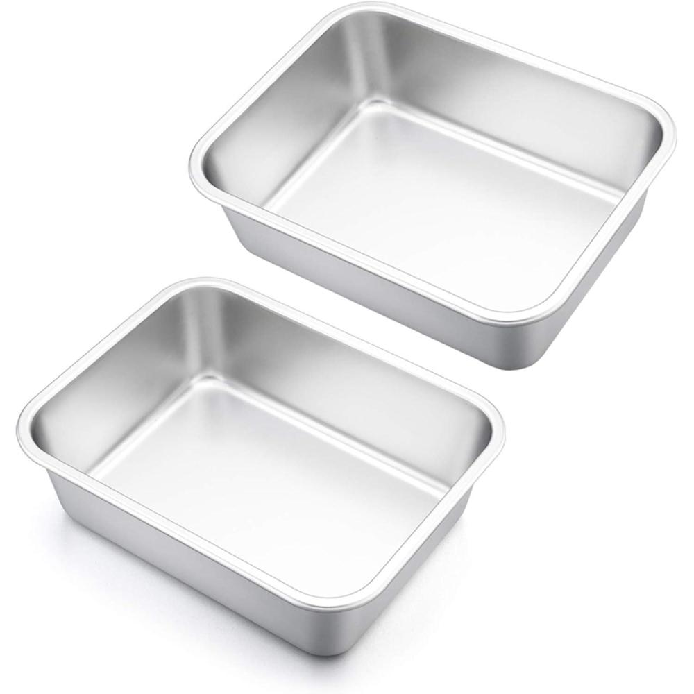 Lasagna Pan Set of 2, E-far Deep Stainless Steel Baking Pans, 12.75 x10 x3.2 Inches Rectangular Metal Roasting Baking Dish Bakeware for Oven, Non-Toxic & Heavy Duty, Dishwasher Safe(10.6″ x 8.3″ (2-Pack))