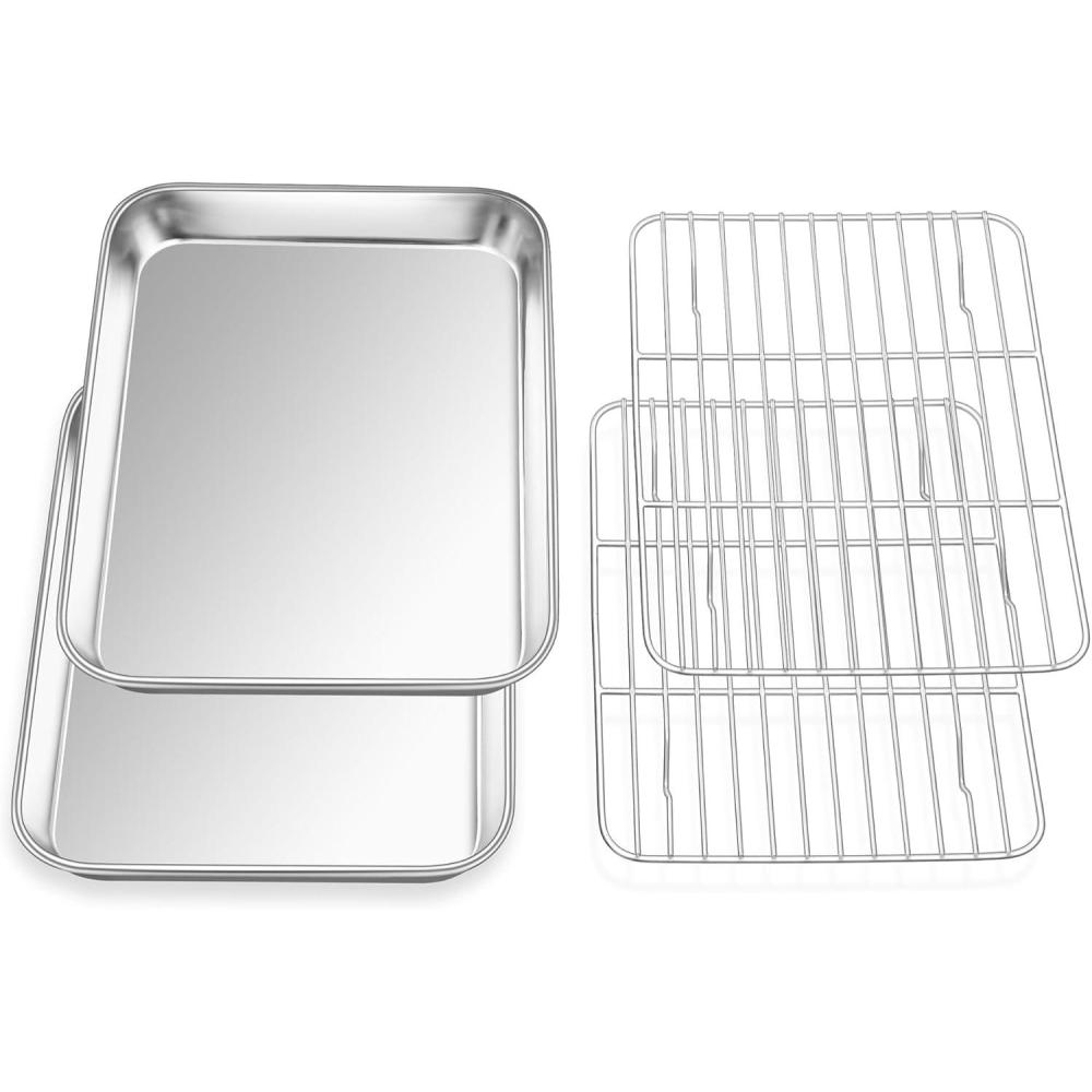 E-far Baking Sheet with Wire Rack (2 Pans + 2 Racks), Stainless Steel Cookie Sheets Pan & Cooling Rack for Baking Cookies Cake, Non Toxic & Heavy Duty, Oven & Dishwasher Safe, 12.4 x 9.7 x 1 Inch(9.4x7.3)