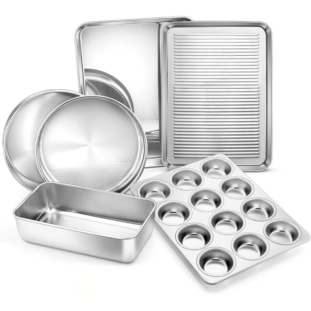 E-far 6-Piece Baking Pans set, Stainless Steel Bakeware Set for Oven, Include 8-Inch Cake Pan/Rectangle Baking Cookie Sheet/Muffin/Loaf Pan, Non-Toxic & Heavy Duty, Dishwasher Safe(6 Pieces)