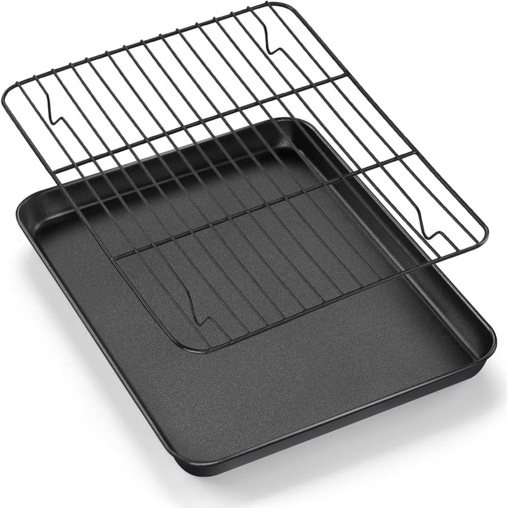 E-far Nonstick Baking Sheet with Rack Set, 16 x 12 x 1 Inch Cookie Sheet Baking Pan with Cooling Rack for Oven, Commercial Grade & Non-Toxic, Easy to Clean(12.5 x 9.5 inch)