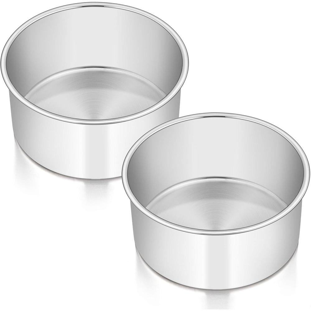 E-far Cake Pans Set of 3, 8 x 3 Inch Stainless Steel Round Cake Baking Pans, Deep Metal Cake Tins for Wedding Birthday, Non-toxic & Dishwasher Safe, Mirror Finish & Straight Side(2)