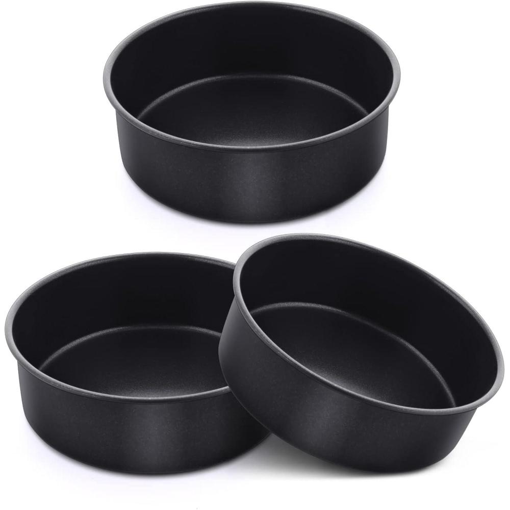 E-far 9.5 Inch Cake Pan Set of 3, Nonstick Round Baking Layer Cake Pans, Stainless Steel Core & Non-Toxic Coating, 2 Inch Deep (Black)(6 Inches)