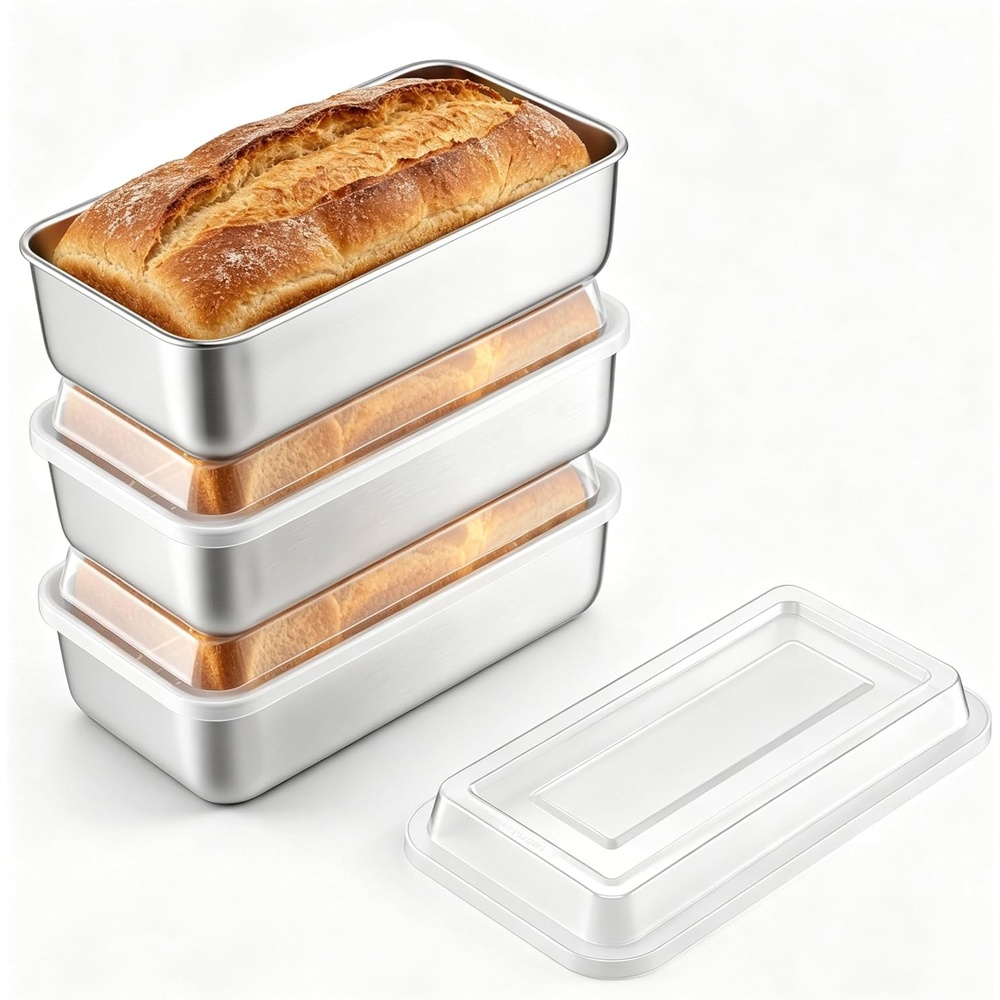 E-far Loaf Pan with Lids, 9 x 5 Inch Stainless Steel Bread Pans for Homemade Bread, Rectangle Baking Tins for Sourdough, Meatloaf, Banana Cake, Nontoxic & Dishwasher Safe – Set of 2(Set of 3)