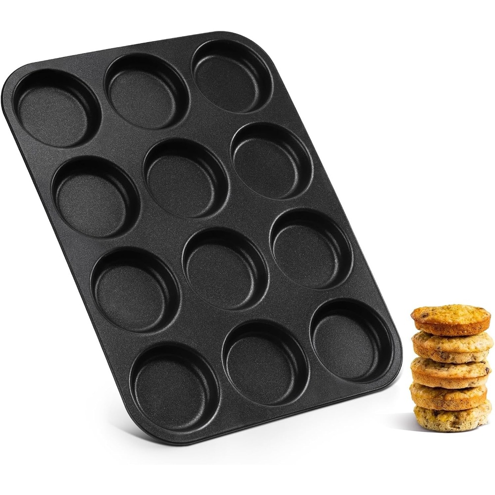 E-far 12-Cavity Muffin Top Pan, 3 Inch Nonstick Shallow Cupcake Pan for Yorkshire Pudding, Eggs, Whoopie Pie, Cornbread, Easy Release & Clean, Standard Size(Non-stick)