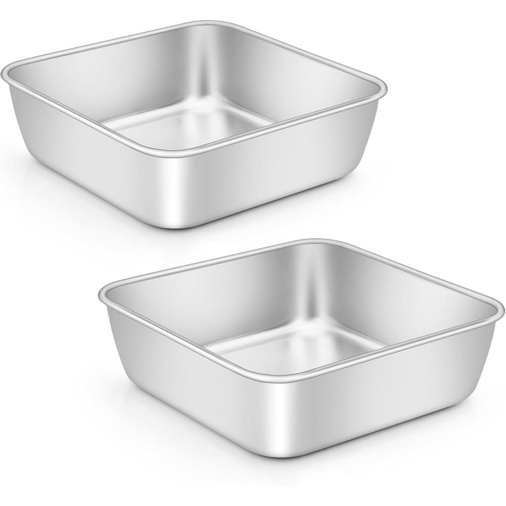 E-far 9×9 Inch Square Cake Pan, Stainless Steel Baking Pan for Lasagna Brownies Casseroles, Silver Square Bakeware for Oven Cooking, Non-Toxic & Rust Free, Dishwasher Safe, 2 Inch deep(2)