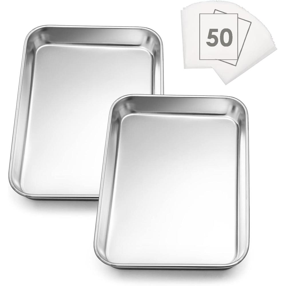 E-far Baking Cookie Sheet Set of 2, 16x12 Stainless Steel Baking Sheet Pan with 50 Parchment Paper, Rectangle Baking Tray for Cooking Roasting, Rust Free & Heavy Duty, Oven & Dishwasher Safe(2)