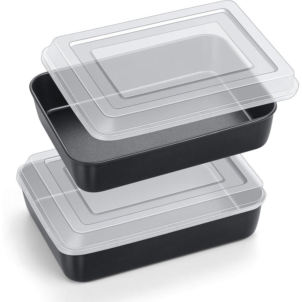 E-far Baking Pan with Lid, 9.75 x 12.5 x 2 Inch Nonstick Rectangle Cake Pans with Covers, 2 Sheet Pans Bakeware and 2 Lids for Brownies Cakes, Non-toxic & Stainless Steel Core, 2 Inch Deep(9.4x7x2 Inches)