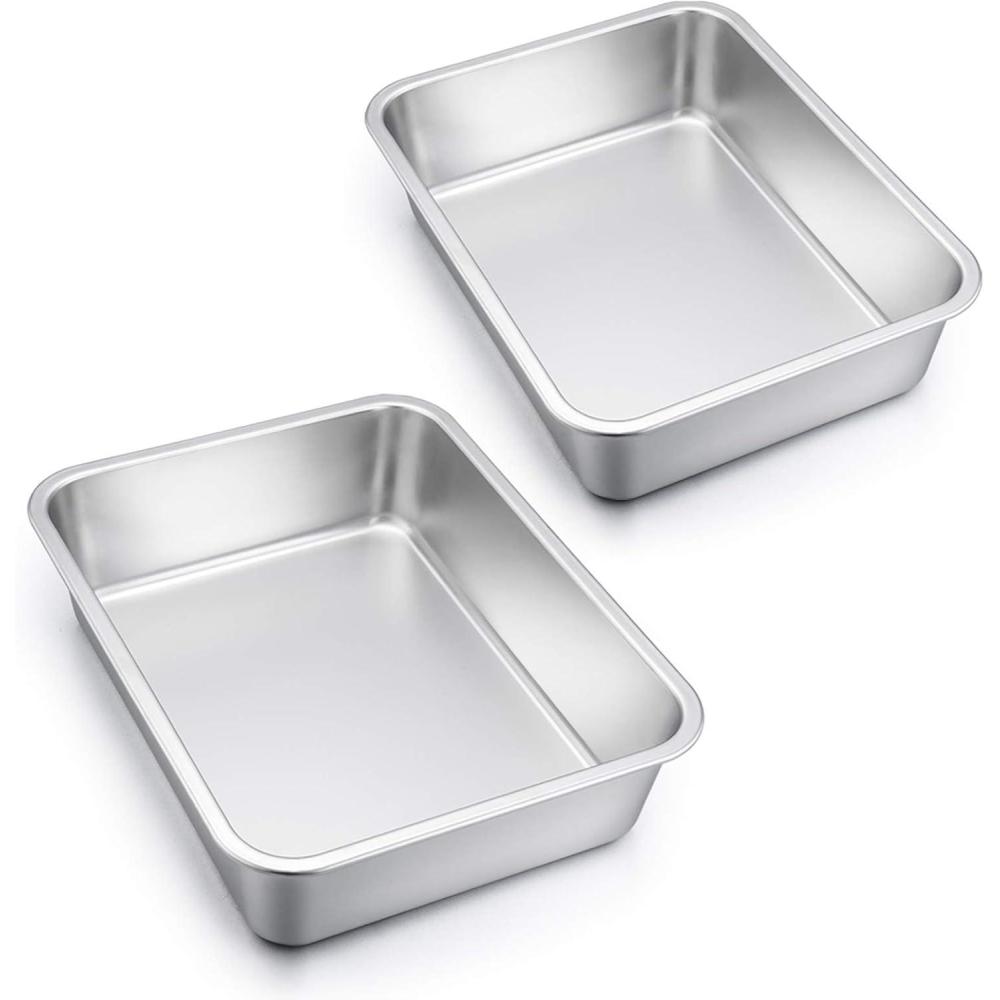 Lasagna Pan Set of 2, E-far Deep Stainless Steel Baking Pans, 12.75 x10 x3.2 Inches Rectangular Metal Roasting Baking Dish Bakeware for Oven, Non-Toxic & Heavy Duty, Dishwasher Safe(12.75″ x 10″ (2-Pack))