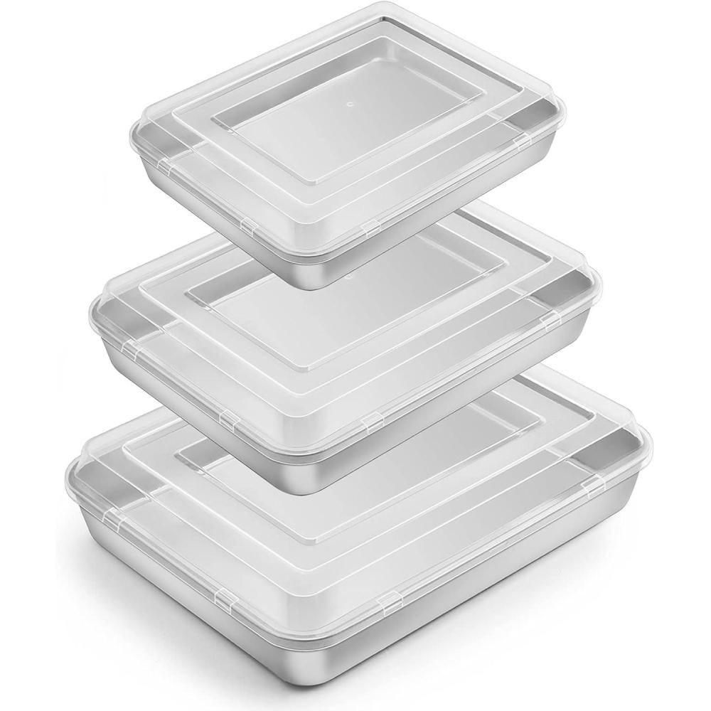 E-far Baking Pan with Lid(12.4/10.4/9.4 inch), Stainless Steel Rectangular Sheet Cake Pans with Cover, Metal Bakeware Sets for Lasagna Casseroles Brownie, Non-toxic & Dishwasher Safe – 3 Pans + 3 Lids