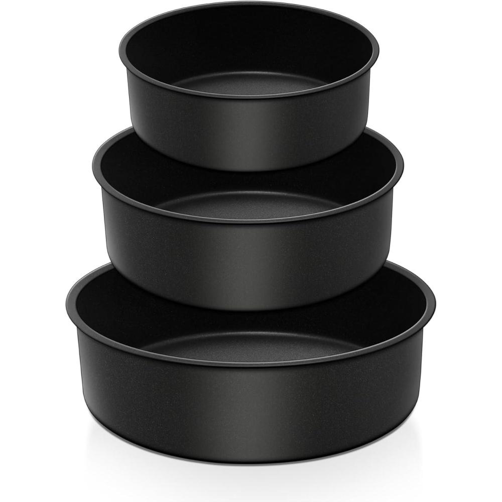E-far Deep Cake Pan Set of 3 (4/6/8 Inch), Nonstick Stainless Steel Round Cake Pans Tins for Baking Layer Wedding Cakes, Stainless Steel Core & Nontoxic Coating, Deep & Straight Side(9.5/8/6×3 In)