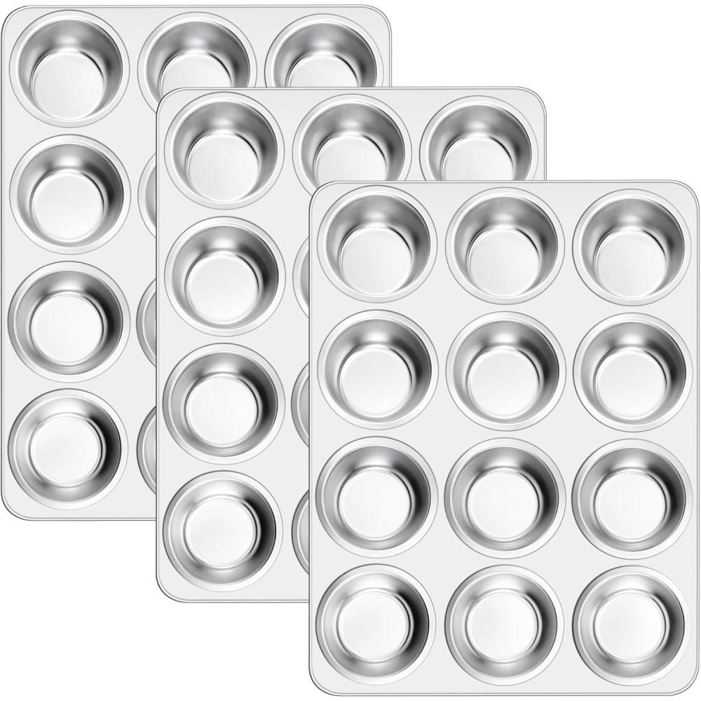 E-far 12-Cup Muffin Pan Set of 3, Stainless Steel Cupcake Pan Tins, Non-Toxic Metal Cupcake Tray for Baking Small Muffin Cakes, Heavy Duty & Regular Size, Rust Free & Dishwasher Safe