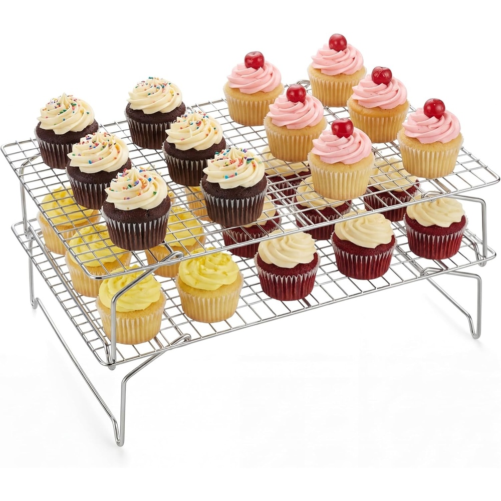 E-far Collapsible Cooling Rack for Cooking and Baking – 15x10 Stackable Tight-Wire Stainless Steel Cookie Rack for Baking Sheet, Oven, Roasting, Dishwasher Safe & Space Saving, 2-Tier(2)