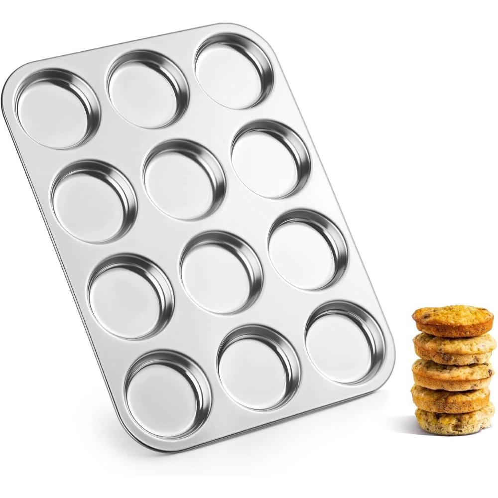 E-far Muffin Top Pan, 12-Cavity Stainless Steel Shallow Cupcake Pan for Yorkshire Pudding, Eggs, Whoopie Pie, Cornbread, Non-toxic & Dishwasher Safe – 2 Pcs(1 Piece)