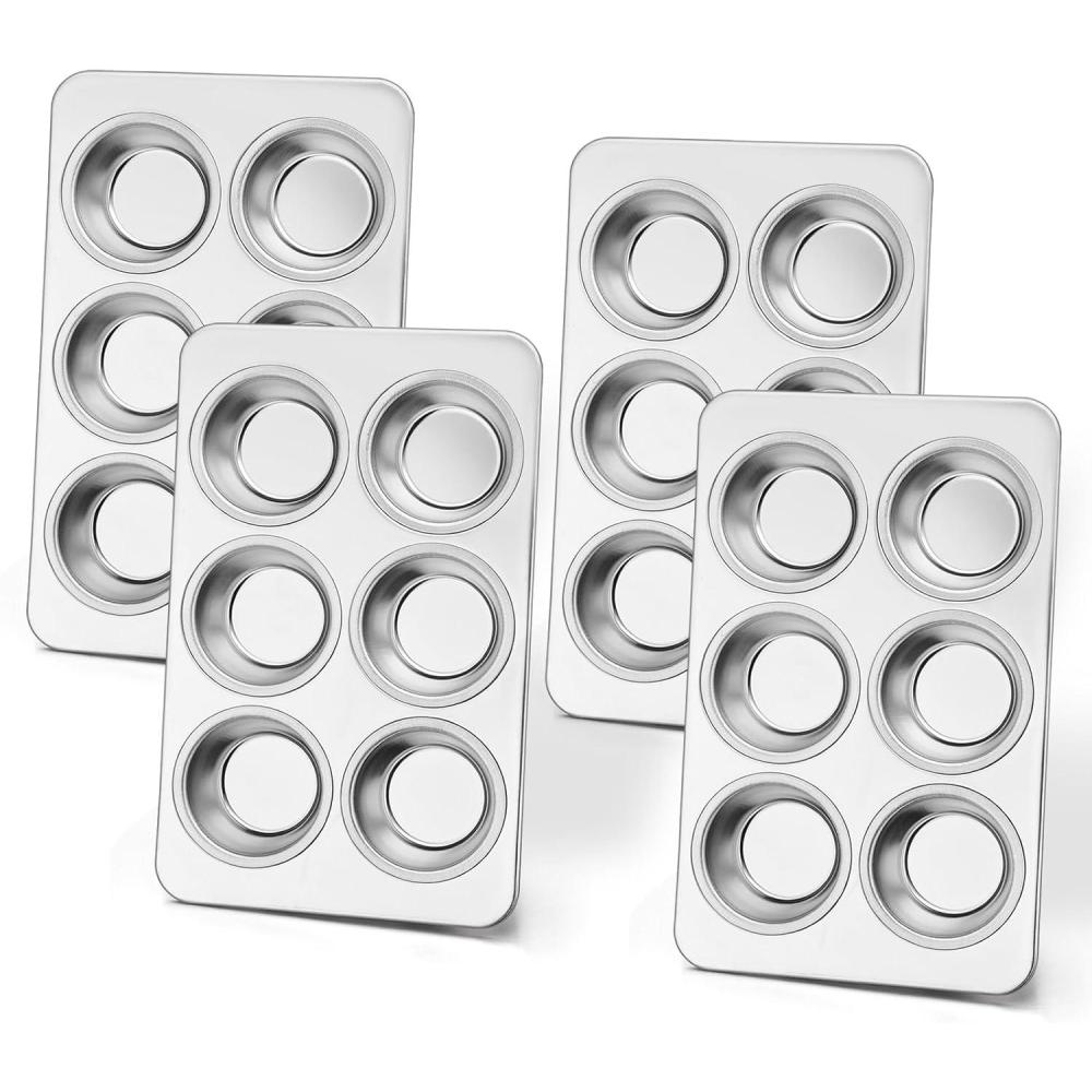 E-far Muffin Pan Set of 2, Stainless Steel Muffin Pan Tin for Baking, 6-Cup Metal Cupcake Pan Tray, Non-toxic & Healthy, Oven & Dishwasher Safe, Regular Size – 11.44 x 7.12 x 1.25 Inch(4)