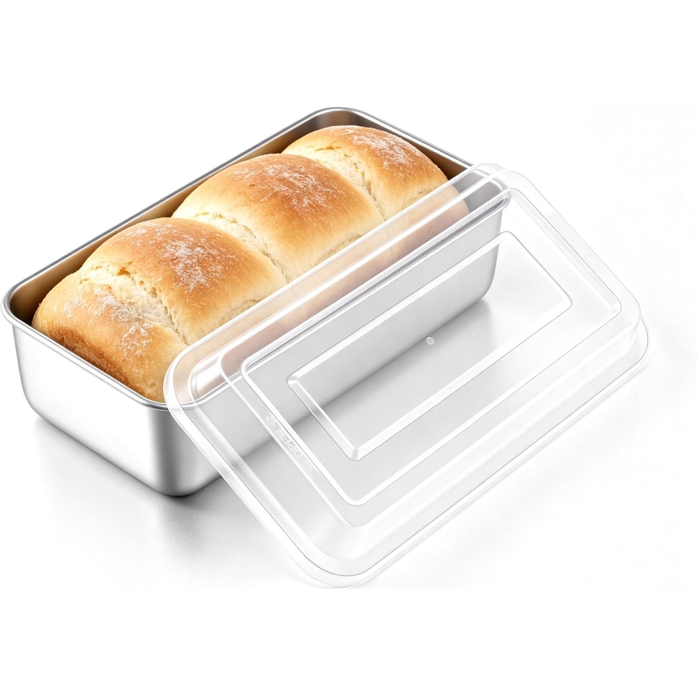 E-far Loaf Pan with Lids, 9 x 5 Inch Stainless Steel Bread Pans for Homemade Bread, Rectangle Baking Tins for Sourdough, Meatloaf, Banana Cake, Nontoxic & Dishwasher Safe – Set of 2(Set of 1)