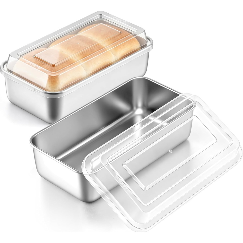 E-far Loaf Pan with Lids, Stainless Steel Bread Pans for Homemade Bread | 9 x 5 Inch Rectangle Baking Tins for Sourdough, Meatloaf, Banana Cake, Nontoxic & Dishwasher Safe – Set of 4(Set of 2)