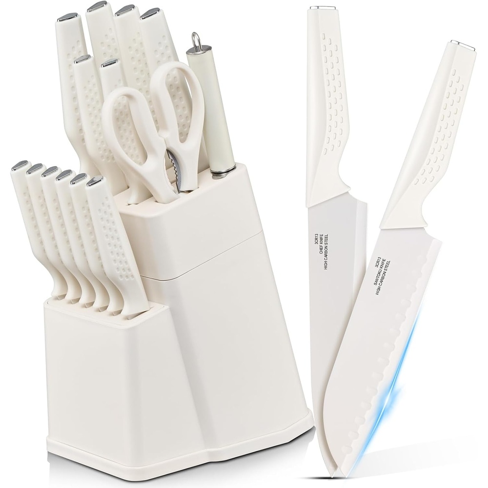 E-far Knife Set, 15-Piece Kitchen Knife Block Set with Sharpener, High Carbon Steel Chef Paring Steak Knives with Ergonomic Non-Slip Handle, Anti-Rust & Razor Sharp, Black(White)