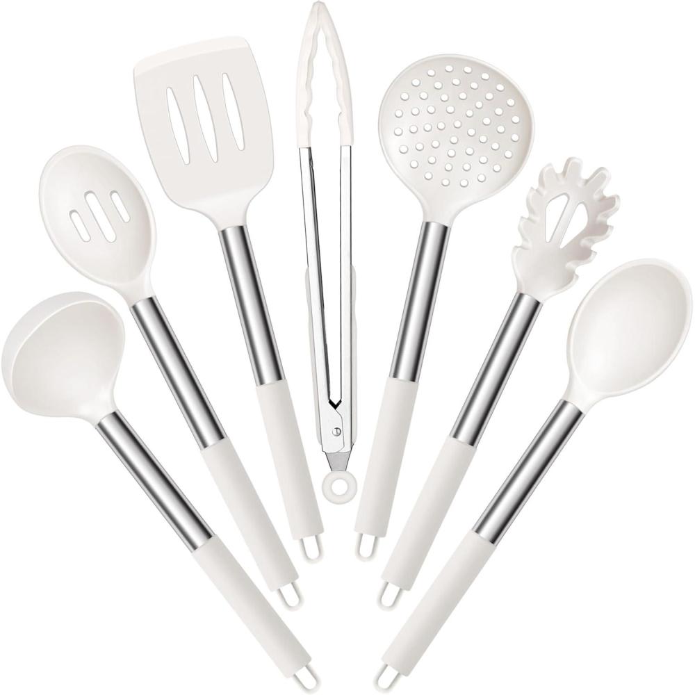 E-far Silicone Cooking Utensils Set, 7 Pcs Heat Resistant Kitchen Utensils with Stainless Steel Handle, Slotted Turner, Spoon, Soup Ladle, Pasta Server, Skimmer, Tongs for Nonstick Cookware, Black(White)