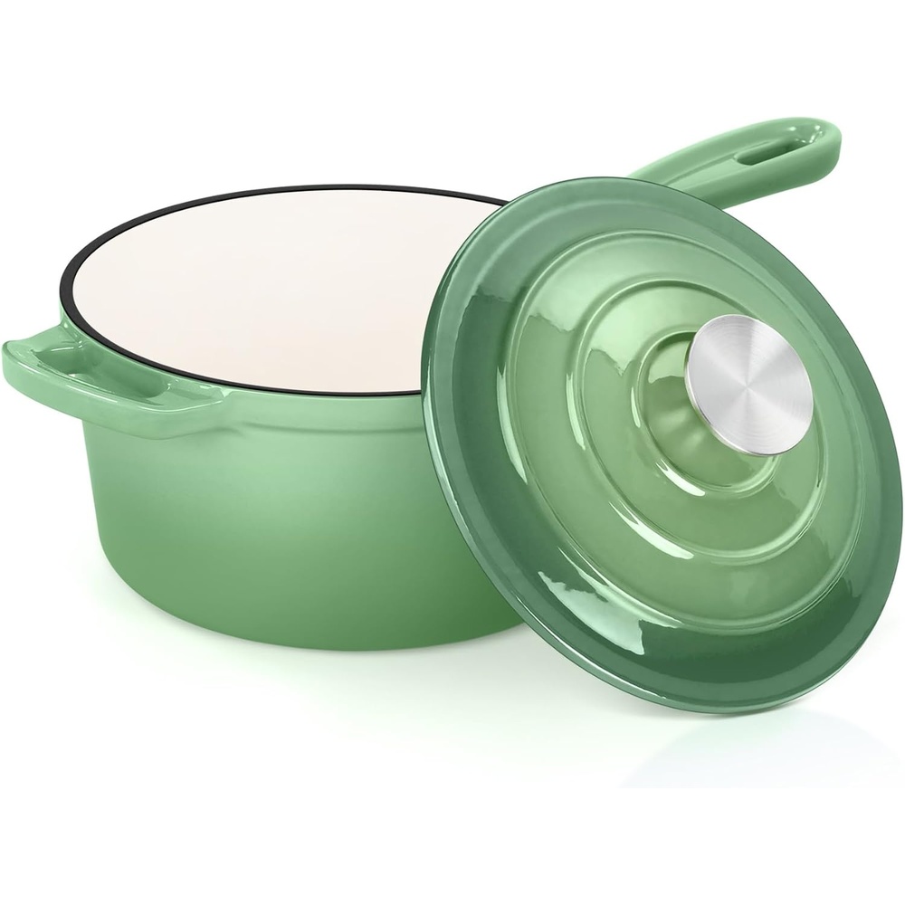 E-far 1Qt & 2Qt Enameled Cast Iron Sauce Pan Set with Self-basting Lids | Small Heavy Duty Dutch Oven Pot for All Kitchen Stove, Induction-Ready & Easy Clean, Pink(Pistachio Green)