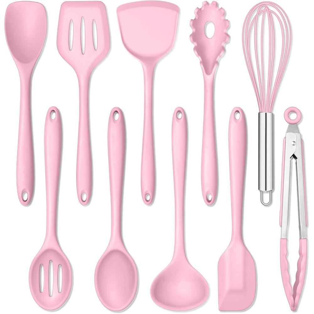 E-far Silicone Cooking Utensils Set, 24Pcs Heat Resistant Kitchen Utensil with Holder, Silicone Kitchen Tools with Spatula Turner Spoon Tongs Whisk, Non-Toxic & Dishwasher Safe (Black)(Pink)