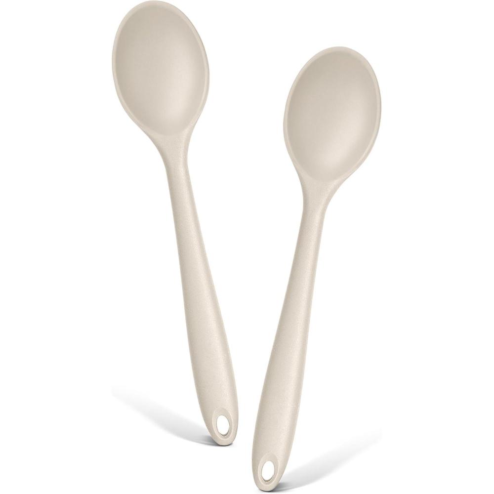E-far Silicone Cooking Spoon Set of 2, Heat Resistant Kitchen Spoons Utensils Nonstick Mixing Spoon for Baking Stirring Serving, Non-Toxic & Dishwasher Safe (Khaki)(Khaki)