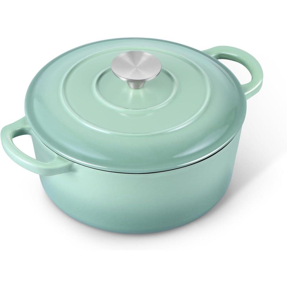 E-far 6 Quart Enameled Cast Iron Dutch Oven with Lid, Round Dutch Oven Pot Nonstick Cookware for Braising, Stews, Roasting, Bread Baking, Cooking, Heavy Duty, Induction & Oven Safe – Blue(Sage Green)