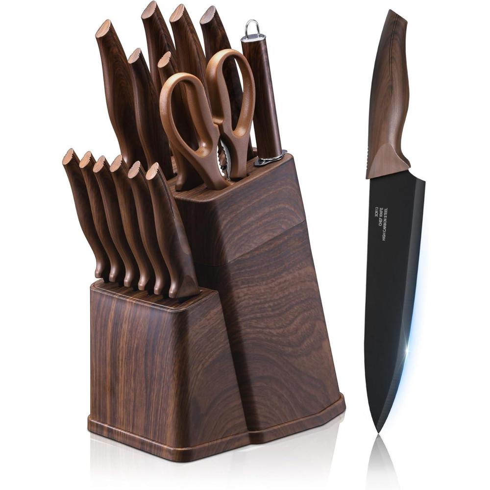 E-far Knife Set with Block, 15 Pieces Kitchen Knife Block Set with Sharpener, High Carbon Stainless Steel Sharp Chef Knife Set with Ergonomic Handles, Anti Rust, White(Walnut)