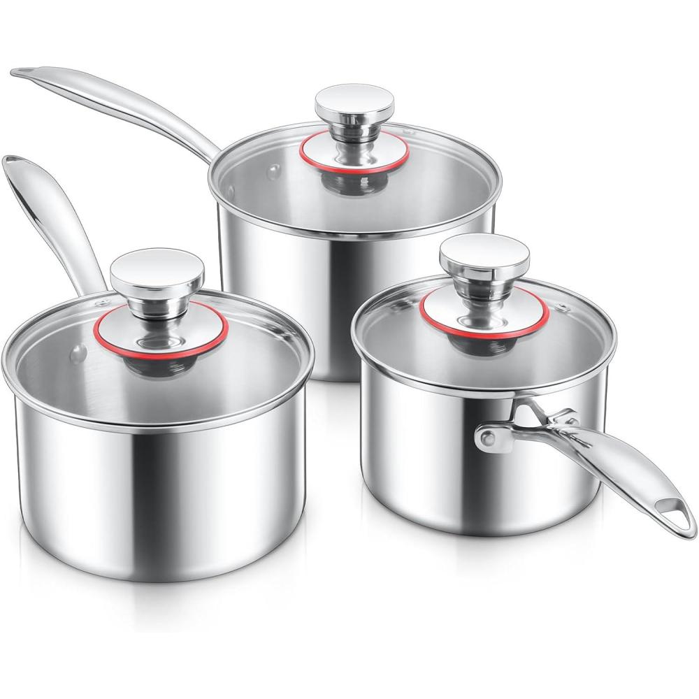E-far Stainless Steel Saucepan Set – 1Qt & 2 Qt, Triply Sauce Pan Pot with Lid for Cooking Pasta Warming Milk Boiling Water, Small Metal Cookware for Kitchen, Induction Ready & Heavy Duty(1QT & 2QT & 3QT)