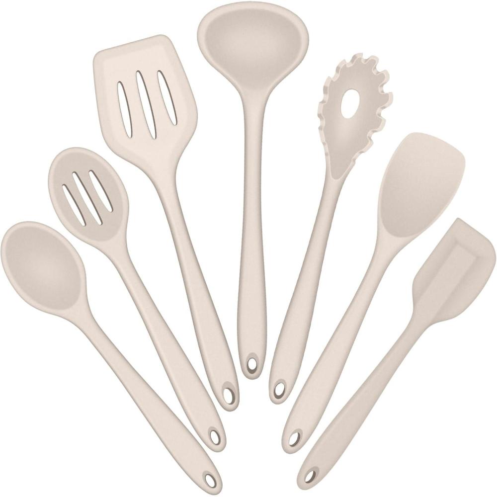 E-far Silicone Cooking Utensils Set, 7-Piece Black Heat Resistant Kitchen Utensils Set, Kitchen Nonstick Tools Spatula Ladle Spoon Pasta Server for Non-stick Cookware, Non-Toxic & Dishwasher safe(Khaki)