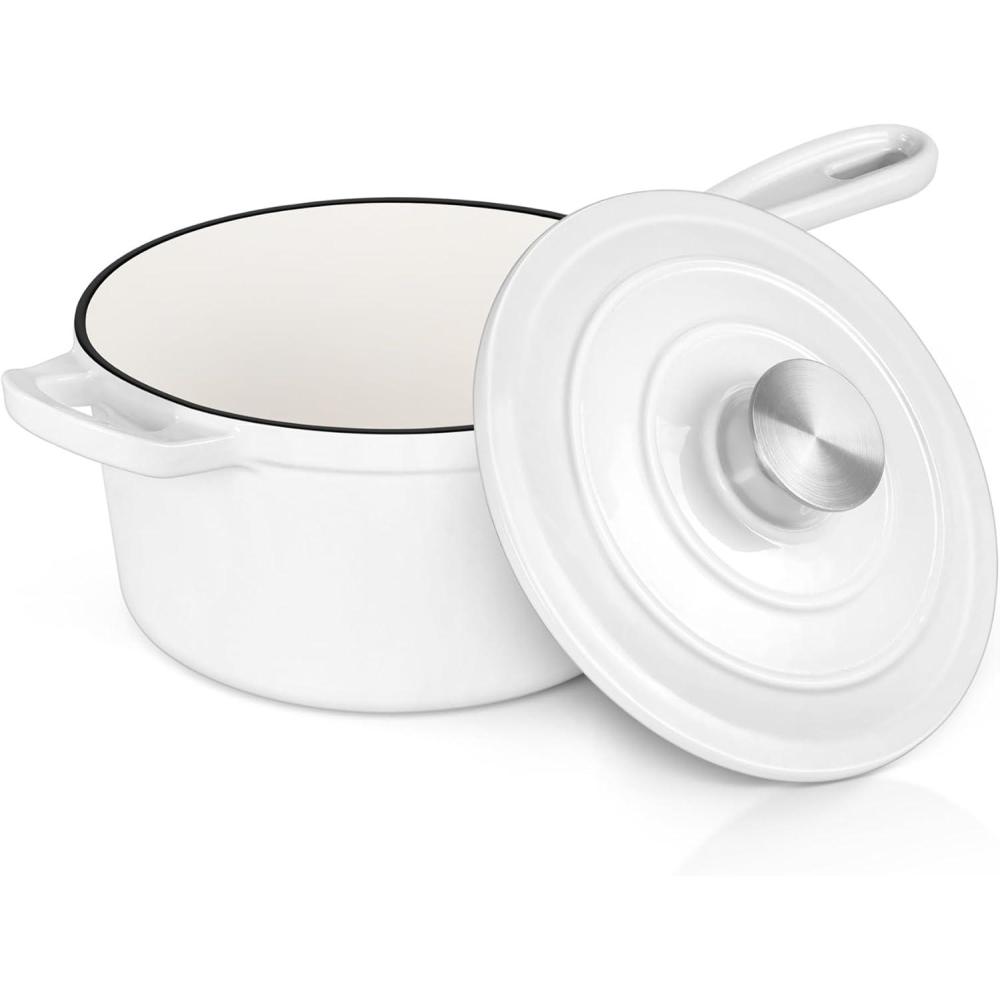E-far Sauce Pan Set with Lid, 1Qt & 2Qt Enameled Cast Iron Pot Sets for Kitchen Cooking, Small Heavy Duty Dutch Oven Saucepans & Self-basting Lids, Induction-Ready & Easy Clean, White(White)