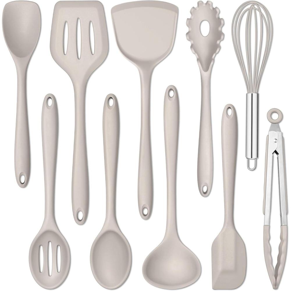 E-far Silicone Cooking Utensils Set, 24Pcs Heat Resistant Kitchen Utensil with Holder, Silicone Kitchen Tools with Spatula Turner Spoon Tongs Whisk, Non-Toxic & Dishwasher Safe (Black)(Khaki)