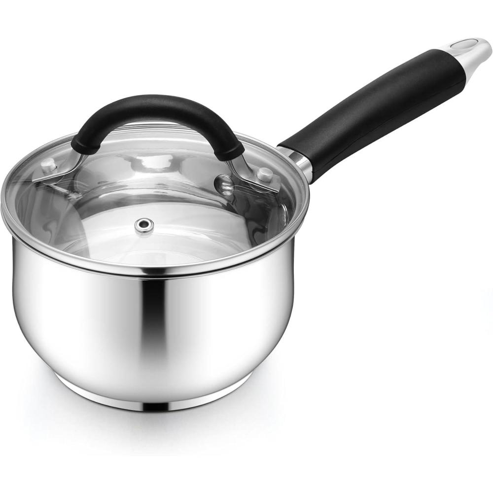 E-far 1 Quart Sauce Pan with Lid, Tri-Ply Base Stainless Steel Small Saucepan with Stay-Cool Handle, Non-toxic Kitchen Cooking Sauce Pot, Compatible with All Cooktops, Dishwasher Safe(1 Quart)