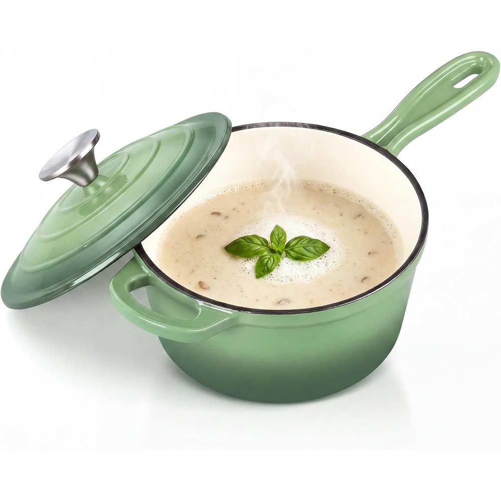 E-far Enameled Cast Iron Sauce Pan with Lid, 1 Quart Dutch Oven Cooking Pot(Pistachio Green)