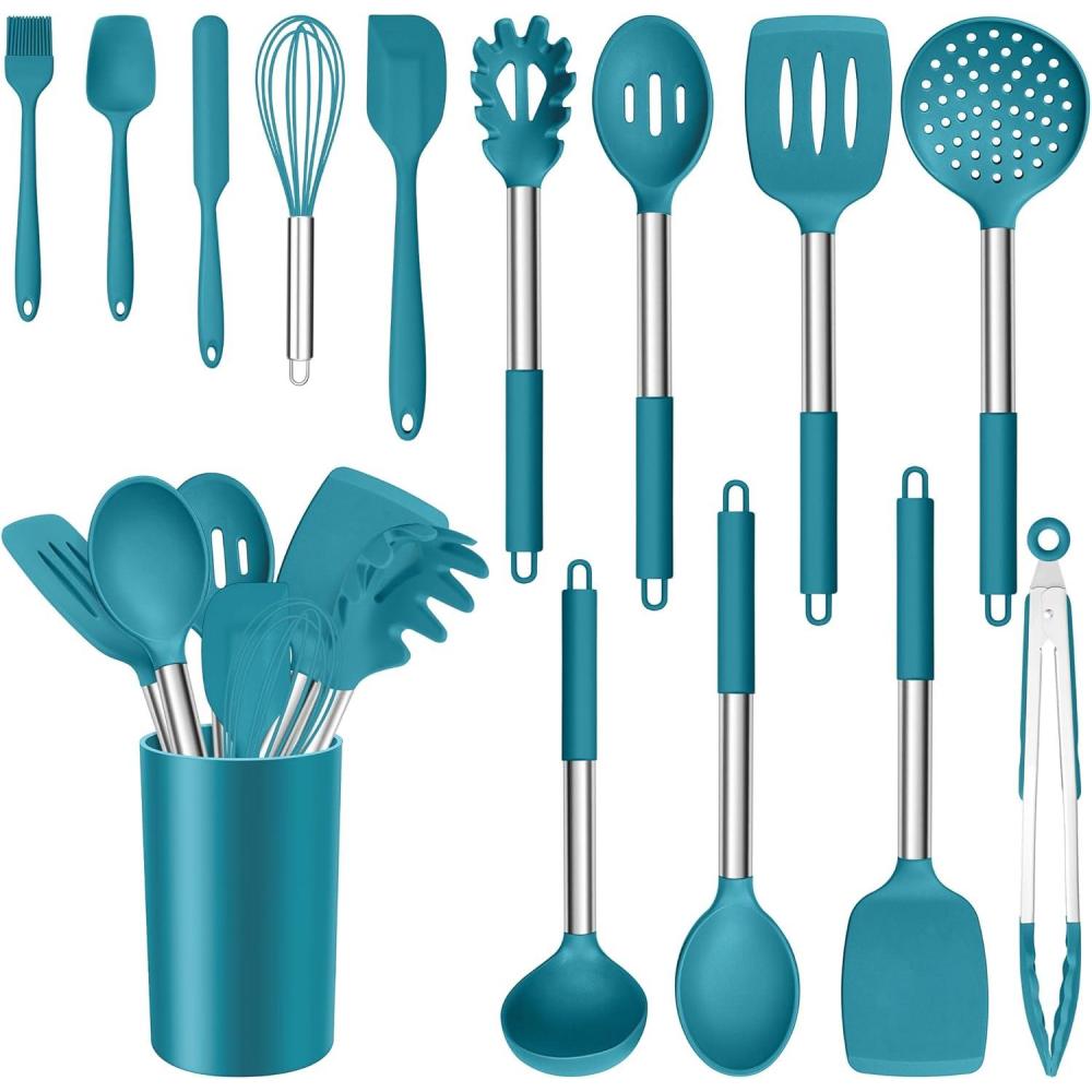 E-far 14 Pieces Silicone Cooking Utensils Set, Kitchen Utensils Set with Holder, Spatula, Ladle, Spoon, Tong, Slotted Turner for Nonstick Cookware, Heat Resistant & Stainless Steel Handle, Black(Blue)