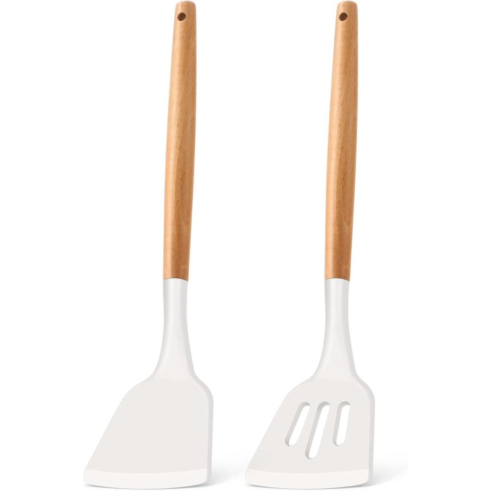 E-far Silicone Spatula Turner, 2 Pack Heat Resistant Kitchen Spatulas for Nonstick Cookware, Rubber Solid Slotted Spatula Cooking Utensils for Fish, Eggs, Pancakes (Black)(White)