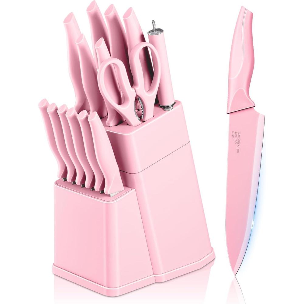 E-far Knife Set with Block, 15 Pieces Kitchen Knife Block Set with Sharpener, High Carbon Stainless Steel Sharp Chef Knife Set with Ergonomic Handles, Anti Rust, White(Pink)