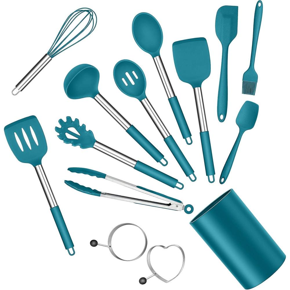 E-far Silicone Cooking Utensils Set, 7 Pcs Heat Resistant Kitchen Utensils with Stainless Steel Handle, Slotted Turner, Spoon, Soup Ladle, Pasta Server, Skimmer, Tongs for Nonstick Cookware, Black(Blue)
