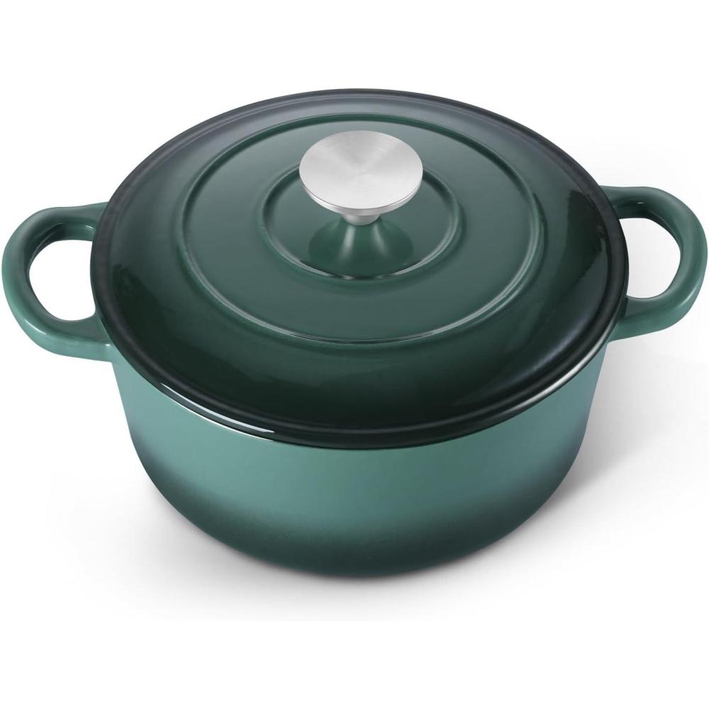 E-far 6 Quart Enameled Cast Iron Dutch Oven with Lid, Round Dutch Oven Pot Nonstick Cookware for Braising, Stews, Roasting, Bread Baking, Cooking, Heavy Duty, Induction & Oven Safe – Blue(Forest Green)