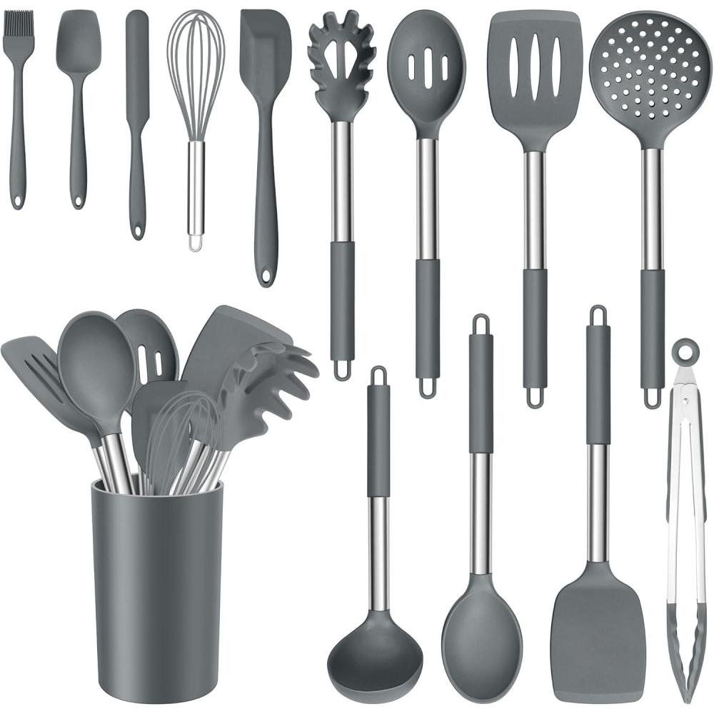 E-far 14 Pieces Silicone Cooking Utensils Set, Kitchen Utensils Set with Holder, Spatula, Ladle, Spoon, Tong, Slotted Turner for Nonstick Cookware, Heat Resistant & Stainless Steel Handle, Black(Gray)