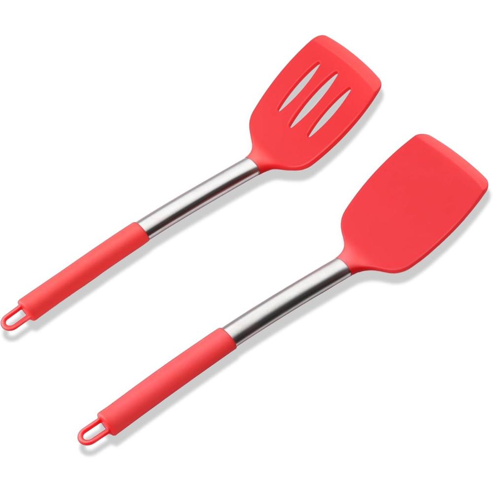 E-far Silicone Spatula Set of 2, Solid & Slotted Turner for Nonstick Cookware, Heat Resistant Rubber Kitchen Cooking Utensils for Flipping Fish Pancake Egg – Black(Red)