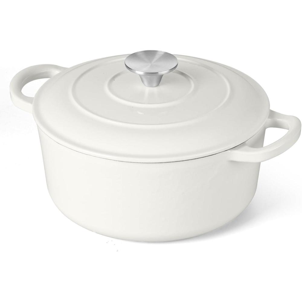 E-far 6 Quart Enameled Cast Iron Dutch Oven with Lid, Round Dutch Oven Pot Nonstick Cookware for Braising, Stews, Roasting, Bread Baking, Cooking, Heavy Duty, Induction & Oven Safe – Blue(White)