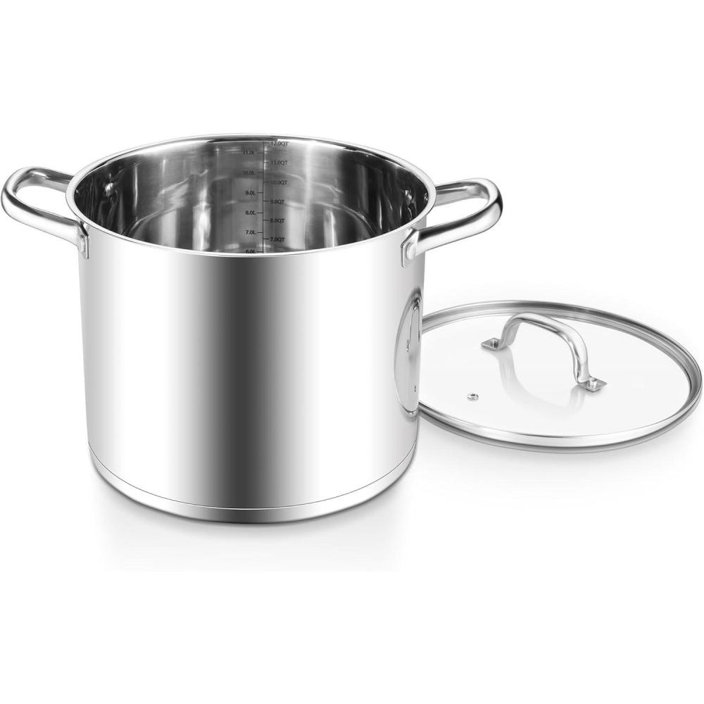 E-far 24-Quart Large Stock Pot, Stainless Steel Stockpot with Lid for Boiling Cooking Soup Stew Canning, Heavy Duty Tri-Ply Bottom Works w/Induction, Commercial Grade & Dishwasher Safe(12 Quarts)