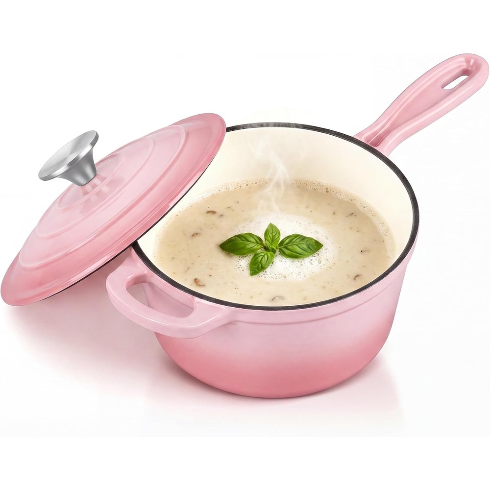 E-far Enameled Cast Iron Sauce Pan with Lid, 1 Quart Dutch Oven Cooking Pot(Pink)