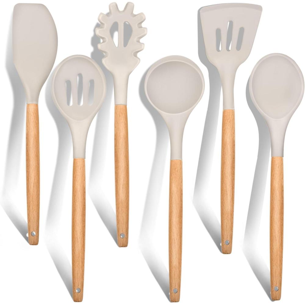 E-far Cooking Utensils Set of 6, Silicone Kitchen Utensils with Wooden Handle, Non-stick Cookware Friendly & Heat Resistant, Includes Spatula/Ladle/Slotted Turner/Serving Spoon/Spaghetti Server(Gray)(Khaki)