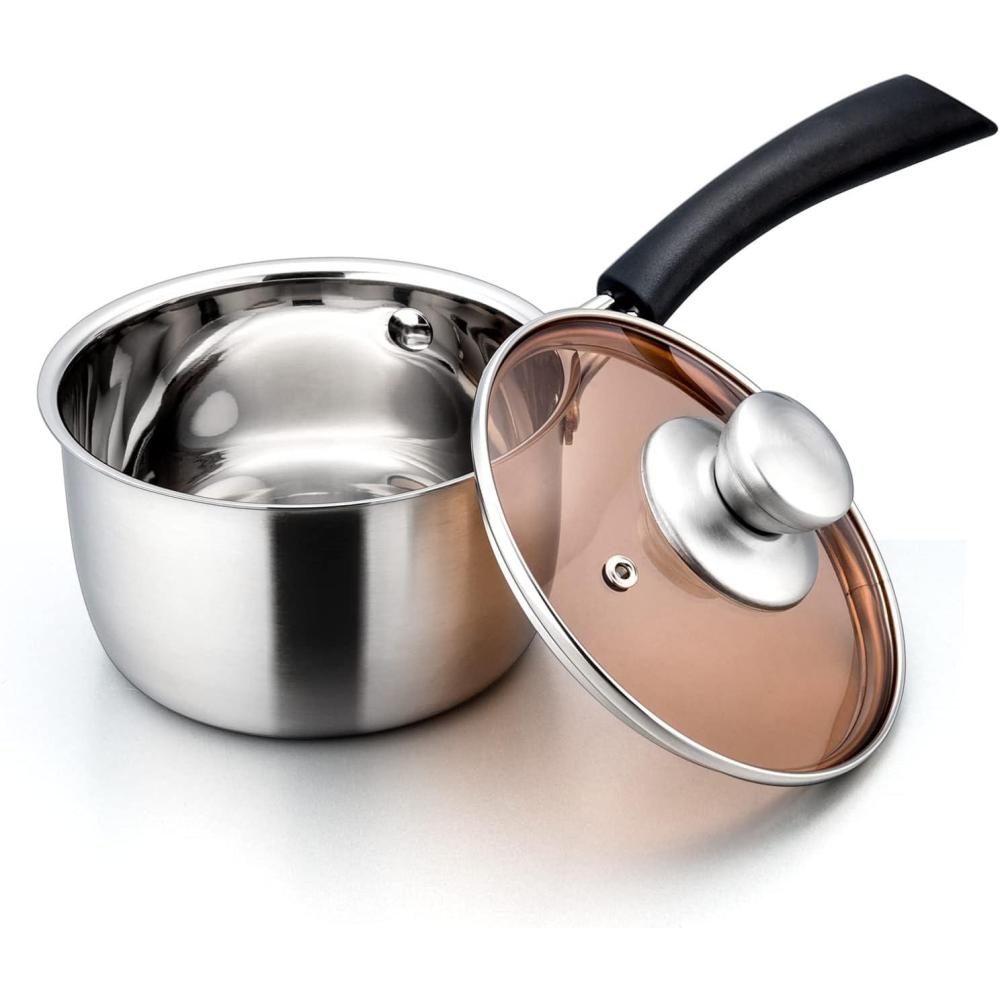 E-far Saucepan with Lid, Max Capacity 2 Quart Stainless Steel Sauce Pot with Glass Lid for Cooking, Easy Clean & Rust Free, Dishwasher Safe(Stainless Steel)