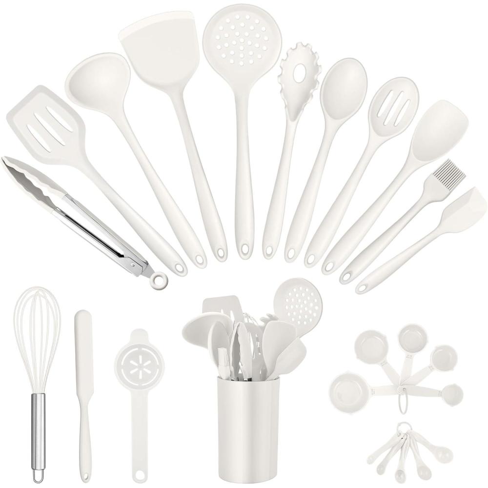 E-far Silicone Cooking Utensils Set, 25 Piece Kitchen Utensils with Holder, Non Toxic Kitchen Tools Spatula, Turner, Spoon, Ladle for Nonstick Cookware, Heat Resistant & Dishwasher Safe – Black(White)