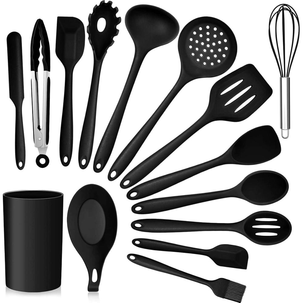Teal Blue Kitchen Utensils Set, E-far 15-Piece Silicone Cooking Utensils with Holder, Non-stick Cookware Friendly & Heat Resistant, Includes Ladle Spatula Spoon Slotted Turner for Cooking & Baking(Black)