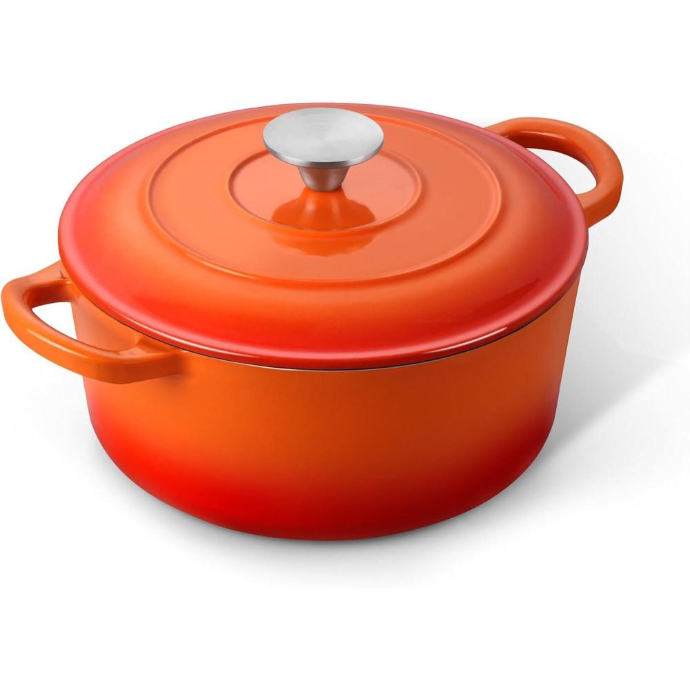 E-far 6 Quart Enameled Cast Iron Dutch Oven with Lid, Round Dutch Oven Pot Nonstick Cookware for Braising, Stews, Roasting, Bread Baking, Cooking, Heavy Duty, Induction & Oven Safe – Blue(Orange)
