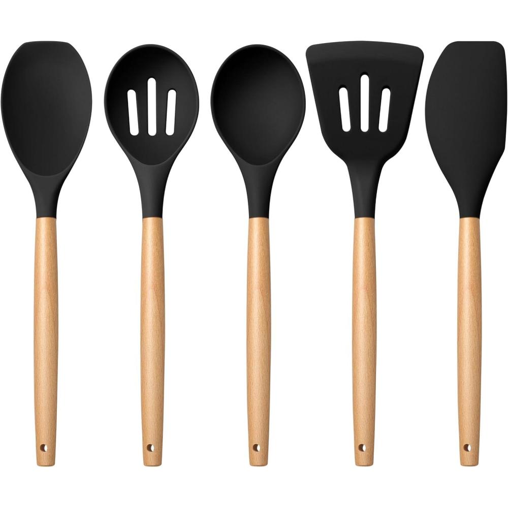 E-far Silicone Cooking Utensils Set, 10-Piece Heat Resistant Kitchen Utensils Set with Wooden Handle for Nonstick Cookware, Kitchen Nonstick Tools Spatula Whisk Tongs Ladle, Non-toxic & Healthy(Khaki)(Black)
