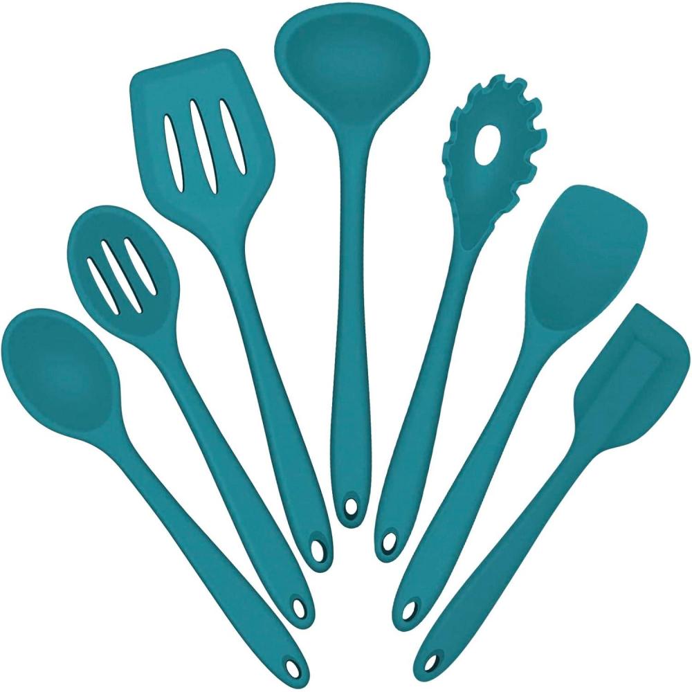 E-far Silicone Cooking Utensils Set, 7-Piece Black Heat Resistant Kitchen Utensils Set, Kitchen Nonstick Tools Spatula Ladle Spoon Pasta Server for Non-stick Cookware, Non-Toxic & Dishwasher safe(Blue)